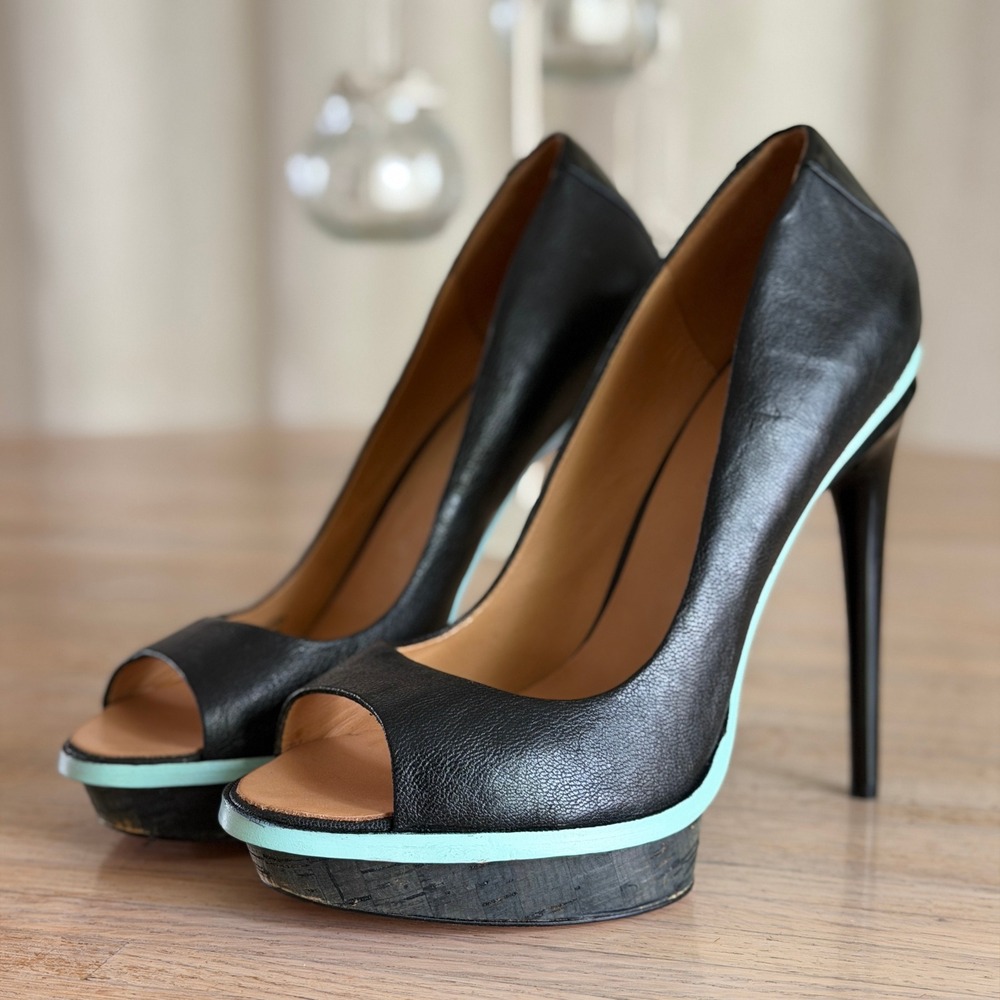 L.A.M.B. Gwen Stefani Jax Black Leather Peep Toe Platform Stiletto Heels Mint 9M